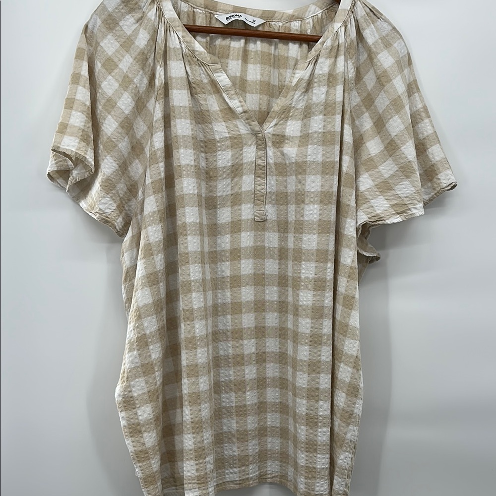 Sonoma 3X Gingham check V
Neck blouse prairie boho short sleeve